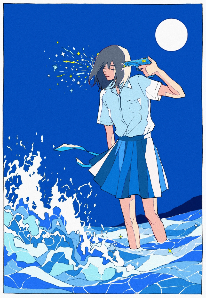 76oi blue_necktie blue_skirt border breast_pocket closed_eyes collared_shirt dress_shirt female film_grain grey_hair gun_to_head highres holding holding_water_gun implied_suicide medium_hair necktie night ocean open_mouth original outdoors pocket school_uniform shirt short_sleeves skirt solo standing undone_necktie wading water_gun waves white_border white_shirt