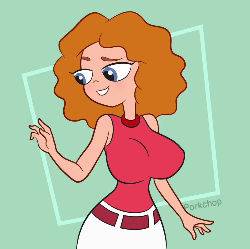 1girls 4_fingers alternate_breast_size bare_arms bare_shoulders blue_eyes blush breasts brown_belt brown_hair candace_flynn candace_flynn_(cosplay) cosplay cowboy_shot curvy_female disney disney_channel disney_xd female large_breasts medium_hair melissa_chase milo_murphy's_law orange_hair phineas_and_ferb porkchop_(artist) solo