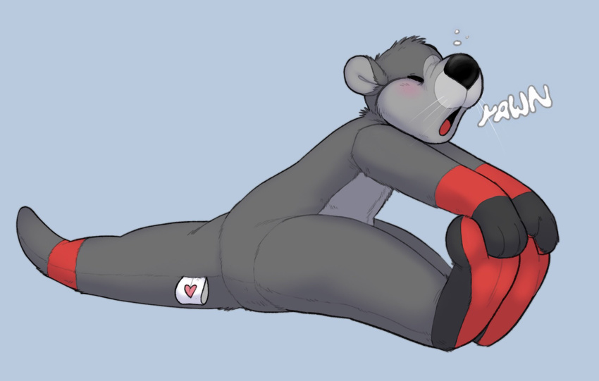 2018 animate_inanimate anthro black_nose blue_background blush closed_eyes cubi digital_drawing_(artwork) digital_media_(artwork) english_text heart_symbol hi_res jazzotter living_plushie male mammal mustelid nude open_mouth otter plushie simple_background solo stretching text tired yawn