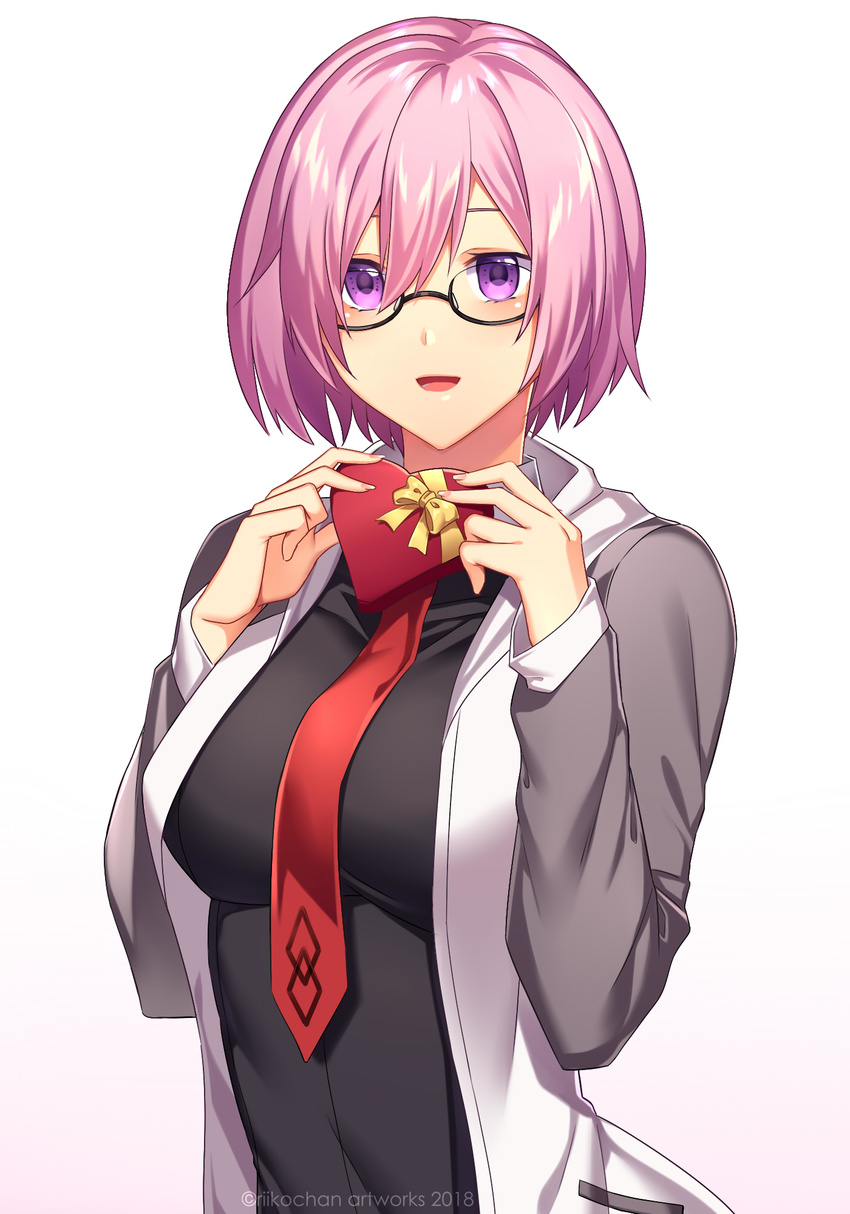 blue_eyes blush fate/grand_order glasses heart jacket matthew_kyrielite pink_hair short_hair smile tie valentines