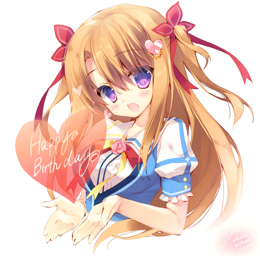 :d bad_id bad_pixiv_id blue_shirt blush commentary_request female floral_flowlove hair_between_eyes hair_ornament happy_birthday head_tilt heart heart_hair_ornament highres light_brown_hair long_hair looking_at_viewer mihato_kano open_mouth photoshop_(medium) puffy_short_sleeves puffy_sleeves purple_eyes satsuki_misuzu shirt short_sleeves signature simple_background smile solo two_side_up valentine very_long_hair white_background