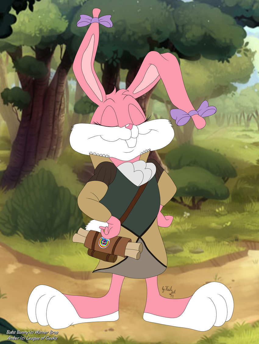 2018 3_toes absurd_res amber_(armello) anthro armello babs_bunny barefoot biped bow_(feature) buckteeth closed_eyes clothed clothing crossover feet female fur hands_on_hips hi_res lagomorph league_of_geeks leporid mammal outside pink_body pink_fur plant rabbit smile solo tails-zet teeth tiny_toon_adventures toes tree warner_brothers white_body white_fur