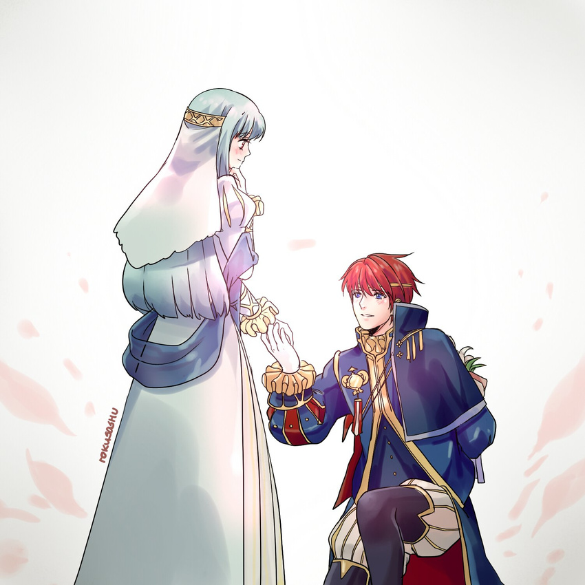 1boy alternate_costume blue_hair blush cape closed_eyes commentary_request dress eliwood_(fire_emblem) eliwood_(valentine)_(fire_emblem) female fire_emblem fire_emblem:_the_blazing_blade fire_emblem_heroes flower gloves hair_ornament highres long_hair ninian_(bridal)_(fire_emblem) ninian_(fire_emblem) open_mouth red_eyes red_hair rokusashu short_hair smile