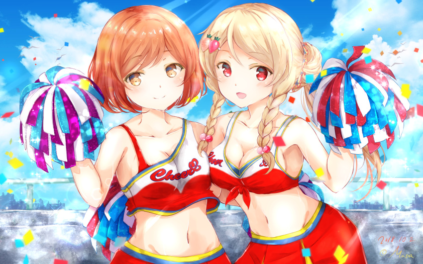 2girls arm_up armpits artist_name bare_arms bare_shoulders blonde_hair blue_sky bra bra_strap braid breasts cheerleader cleavage closed_mouth clothes_writing cloud collarbone commentary_request confetti crop_top dated day food food-themed_hair_ornament fruit girlfriend_(kari) hair_ornament hair_over_shoulder hairclip hat highres holding holding_pom_poms kohinata_ichigo long_hair looking_at_viewer masa_(mirage77) medium_breasts multiple_girls navel open_mouth orange_eyes orange_hair outdoors partial_commentary pom_pom_(cheerleading) railing red_bra red_eyes red_skirt shirt short_hair single-shoulder_shirt single_strap skirt sky sleeveless sleeveless_shirt smile strawberry sweat sweatdrop tied_shirt twin_braids underwear yamano_kodama