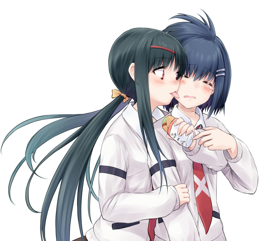 2girls blue_hair blush closed_eyes commentary_request food green_hair hair_ornament hair_ribbon hairclip holding holding_another's_arm hug hug_from_behind licking licking_another's_face long_hair long_sleeves multiple_girls necktie red_eyes ribbon saki_(manga) saki_achiga-hen sandwich school_uniform shindouji_school_uniform shirouzu_mairu short_hair suzushiro_yukari tears tongue tongue_out twintails white_background yasukouchi_yoshiko yuri