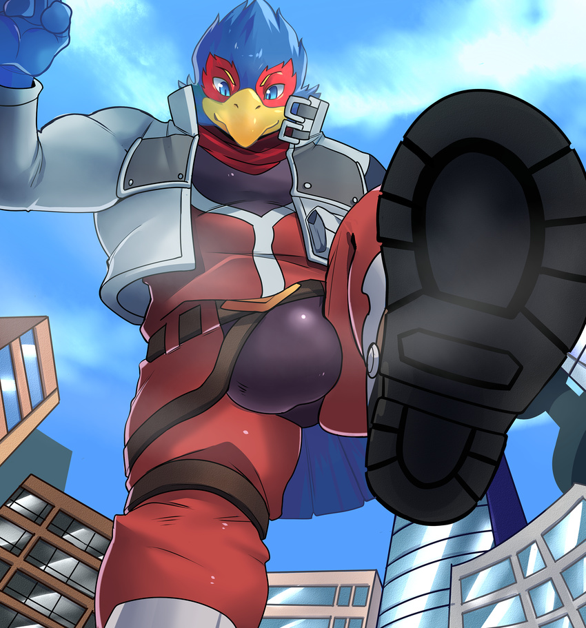 anthro avian balls_outline bird blue_body blue_feathers boots bulge city clothing detailed_bulge falco_lombardi feathers footwear genital_outline hi_res looking_down looming low-angle_view macro male mayar nintendo solo star_fox stomping worm's-eye_view