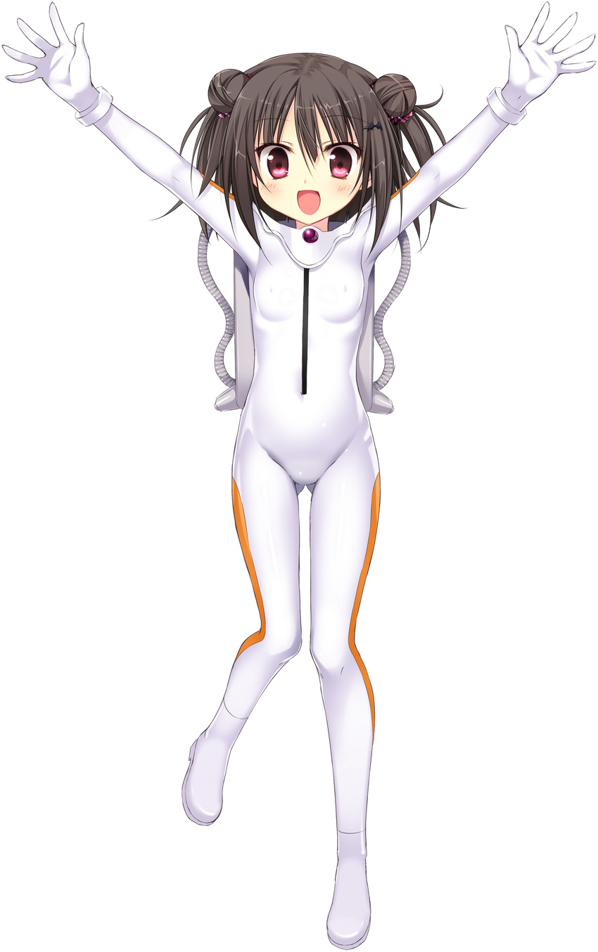 absurdres arms_up ass_visible_through_thighs bad_link bodysuit breasts brown_hair cabbage_soft covered_nipples diving_suit double_bun female full_body gloves hair_bun highres hoshikoi_tinkle korie_riko looking_at_viewer narusegawa_nagi official_art outstretched_arms red_eyes skinny small_breasts solo transparent_background white_gloves