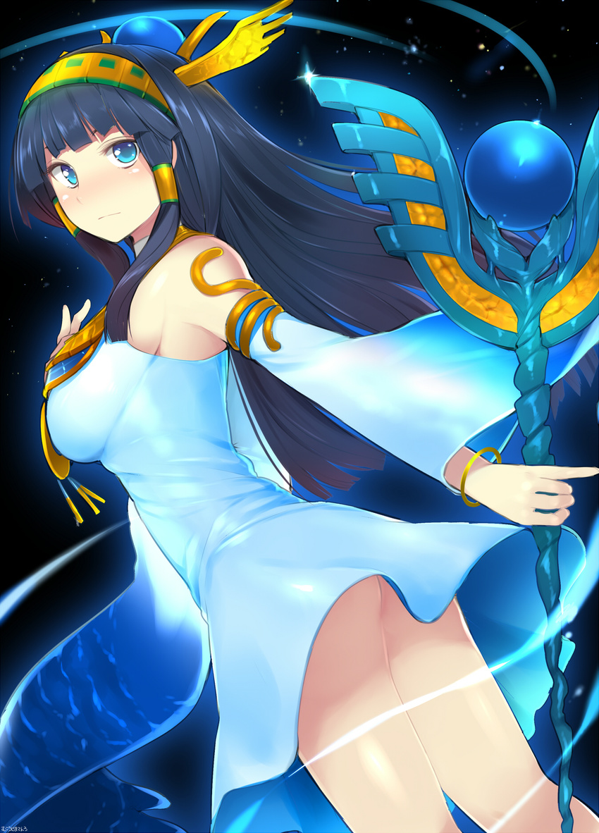 bad_id bad_pixiv_id black_hair blue_eyes blunt_bangs blush bracelet breasts dress egyptian female hair_tubes headdress highres isis_(p&d) jewelry large_breasts long_hair mukoujima_tenro puzzle_&_dragons solo staff