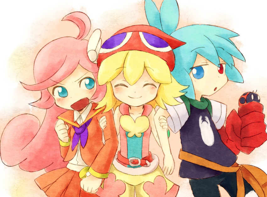 1boy 2girls ahoge amitie_(puyopuyo) arm_grab bag blonde_hair blue_eyes blue_hair bug closed_eyes commentary_request curly_hair flipped_hair hat heterochromia komeichou-69 ladybug long_hair multiple_girls orange_skirt pink_hair puyopuyo puyopuyo_fever raffina_(puyopuyo) rainbow_order red_eyes shirt short_hair shorts sig_(puyopuyo) skirt sleeveless sleeveless_shirt smile