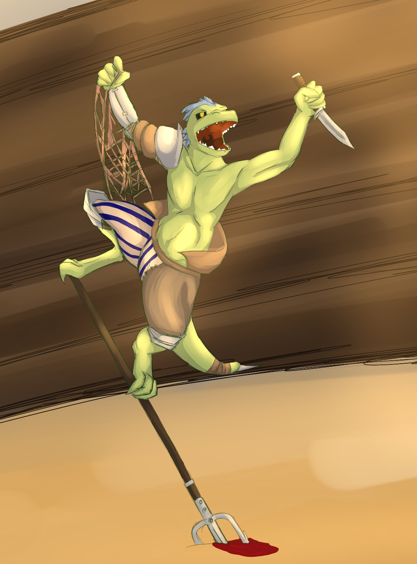 2015 anthro bottomwear bunnylace clothed clothing fantasy gladiator hi_res holding_net knife kobold male melee_weapon net pants pattern_bottomwear pattern_clothing pattern_pants polearm reptile retiarius scalie solo striped_bottomwear striped_clothing striped_pants stripes throw_net topless trident warrior weapon