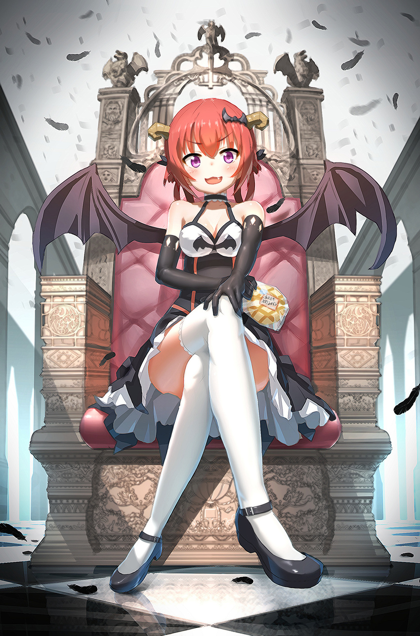 :3 absurdres ayatarosu bad_id bad_pixiv_id bare_shoulders bat_hair_ornament black_dress black_feathers black_footwear black_gloves blush bread breasts checkered_floor cleavage collarbone column commentary_request crossed_legs demon_girl demon_horns demon_wings dress elbow_gloves eyebrows feathers female food foreshortening frills from_below full_body gabriel_dropout gargoyle gloves hair_ornament hair_rings hallelujah_essaim halter_dress halterneck hand_on_own_knee highres holding holding_food horns indoors layered_skirt long_hair looking_at_viewer mary_janes medium_breasts melon_bread oerba_yun_fang open_mouth petticoat photoshop_(medium) pillar purple_eyes red_hair reflection satanichia_kurumizawa_mcdowell shadow shoes sitting skirt smile solo thighhighs throne tsurime v-shaped_eyebrows white_thighhighs wings zettai_ryouiki