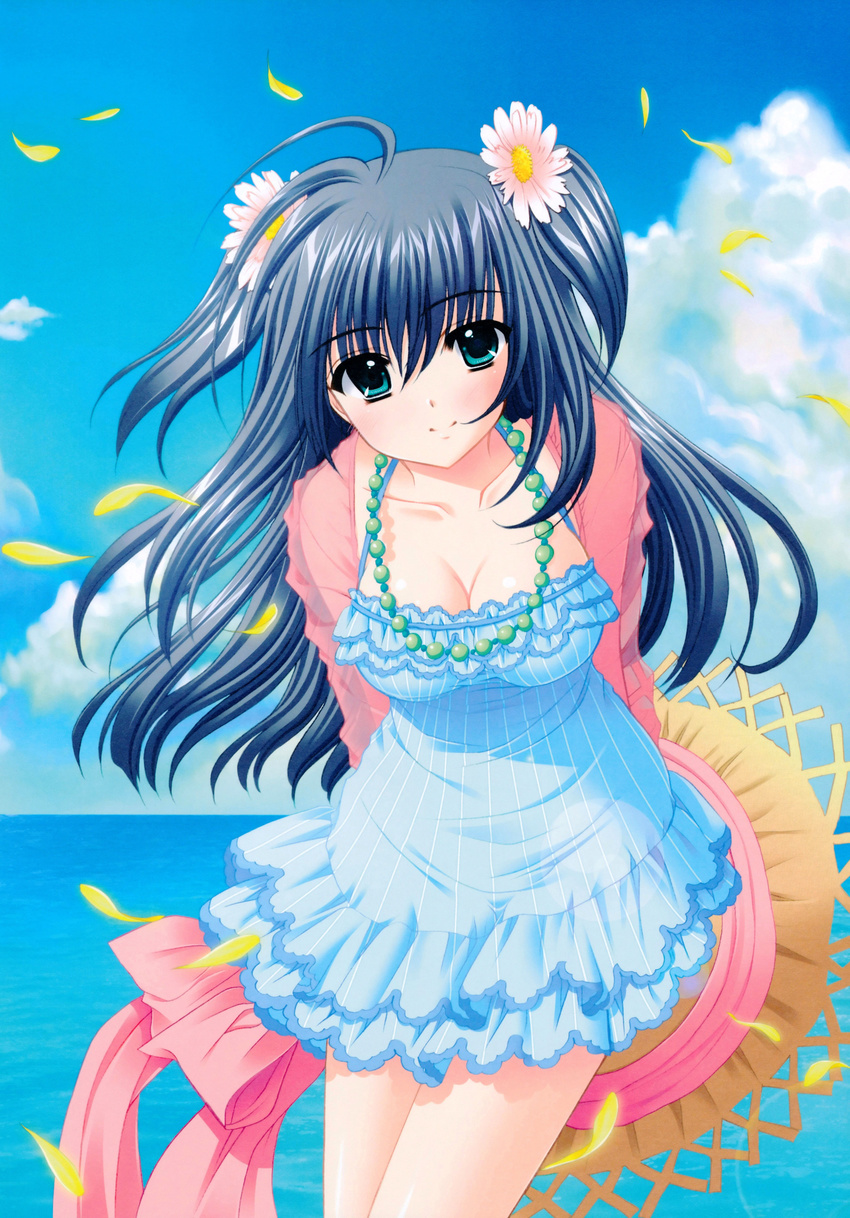 absurdres arms_behind_back black_hair blazer blue_eyes breasts cleavage cloud day dress female flower hair_flower hair_ornament hat highres jacket jewelry large_breasts leaning_forward long_hair necklace nishimata_aoi ocean pearl_necklace petals photoshop_(medium) shuffle! shuffle!_essence+ sky smile solo straw_hat two_side_up unworn_hat unworn_headwear very_long_hair water yae_sakura_(shuffle!)