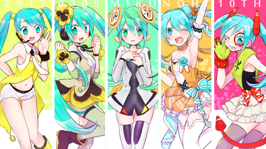 annotated aqua_eyes aqua_hair arm_up armpits azurite0012 column_lineup commentary creator_connection dated decorator_(vocaloid) dress facepaint female flower gloves green_eyes green_hair grin hands_on_own_chest hatsune_miku highres long_hair navel necktie one_eye_closed open_mouth pansy photoshop_(medium) project_diva_(series) satisfaction_(kz)_(vocaloid) short_shorts shorts smile solo tell_your_world_(vocaloid) thighhighs twintails very_long_hair vocaloid weekender_girl_(vocaloid) yellow_(vocaloid) yellow_flower yellow_pansy