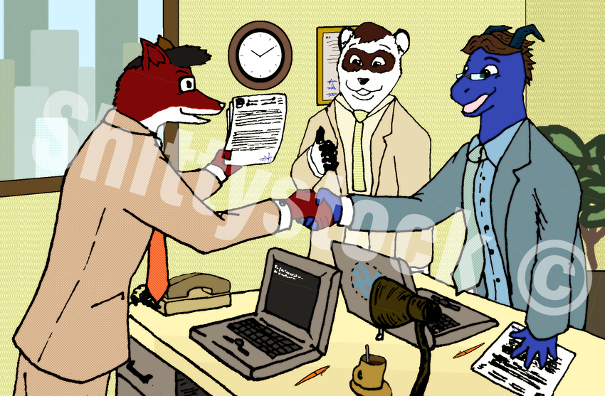 2015 anthro beverage business business_suit canid canine canis circe_(zeptophidia) city cityscape clock clothed clothing coffee coffee_mug computer copyright_symbol desk domestic_ferret dragon electronics eyewear food fully_clothed furniture gesture glasses group handshake hi_res lamp landline_phone laptop male mammal mustelid musteline mythological_creature mythological_scalie mythology necktie office paper phone plant plant_pot potted_plant scalie stock_image stock_photo stock_photography suit symbol table true_musteline watermark weasel window wolf zeptophidia