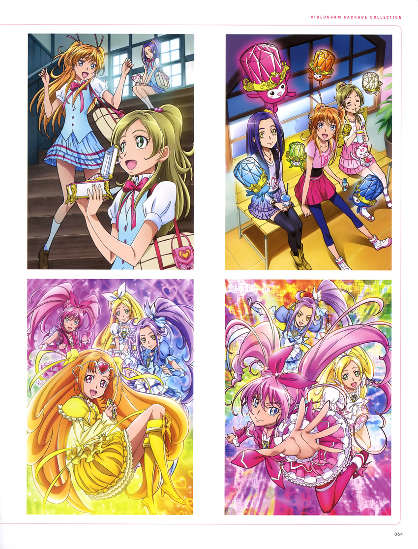 4girls :d absurdly_long_hair absurdres aria_gakuen_school_uniform bench black_socks blue_dress blue_eyes blue_pants blue_skirt boots bow bracelet brown_hair choker closed_eyes collarbone cure_beat cure_melody cure_muse_(yellow) cure_rhythm dory dress fary feline frilled_skirt frills hair_between_eyes hair_ornament hair_ribbon hair_scrunchie hairbow heart heart_necklace high_heel_boots high_heels high_ponytail high_side_ponytail highres holding houjou_hibiki hummy_(suite_precure) indoors jewelry knee_boots kurokawa_eren lary layered_dress layered_skirt long_hair looking_at_viewer looking_up minamino_kanade miry multiple_girls neck_ribbon necklace official_art open_mouth pants pants_under_skirt pink_eyes pink_hair pink_ribbon pink_skirt pink_wrist_cuffs precure purple_hair purple_skirt ramune red_legwear red_ribbon rery ribbon ribbon_choker school_uniform scrunchie seiren_(suite_precure) shirabe_ako shirt short_sleeves side_ponytail sitting skirt sleeveless smile socks sory stairs standing suite_precure takahashi_akira thighhighs tiry twintails two_side_up very_long_hair white_legwear white_ribbon white_shirt wrist_cuffs yellow_bow yellow_eyes yellow_footwear yellow_ribbon