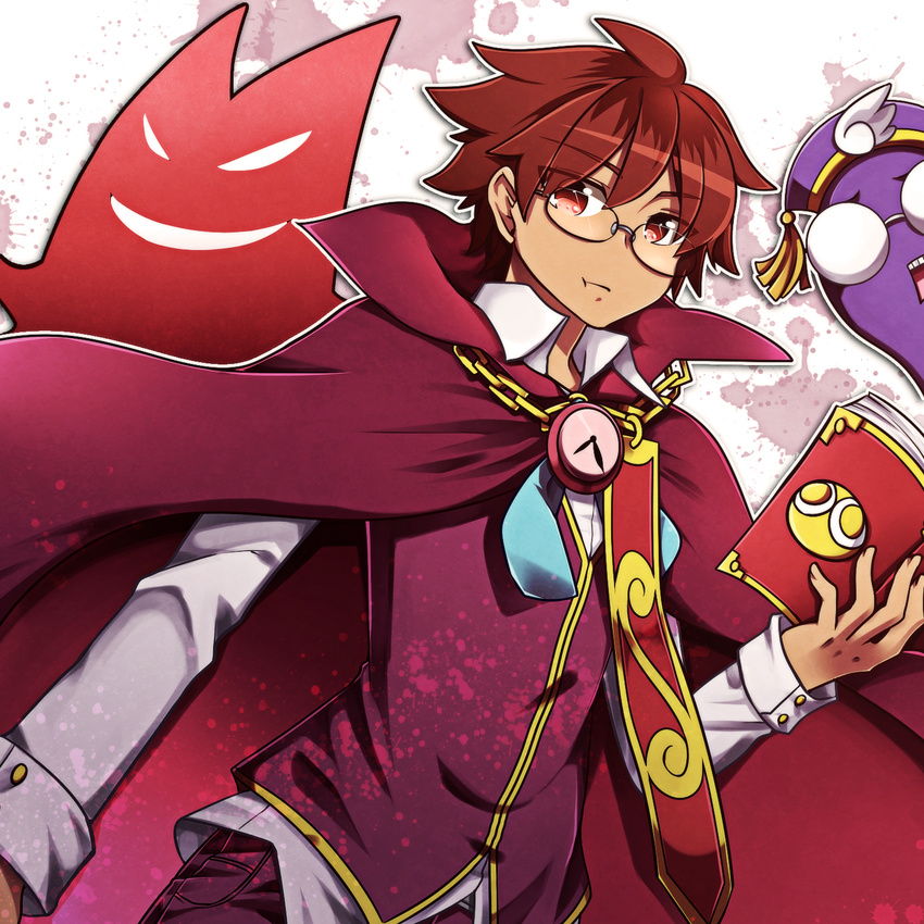 1boy :t aya_(terrainakka) bad_id bad_pixiv_id book cape chains clock glasses highres klug_(puyopuyo) male_focus messy_hair puyopuyo puyopuyo_fever red_cape red_eyes red_hair solo strange_klug