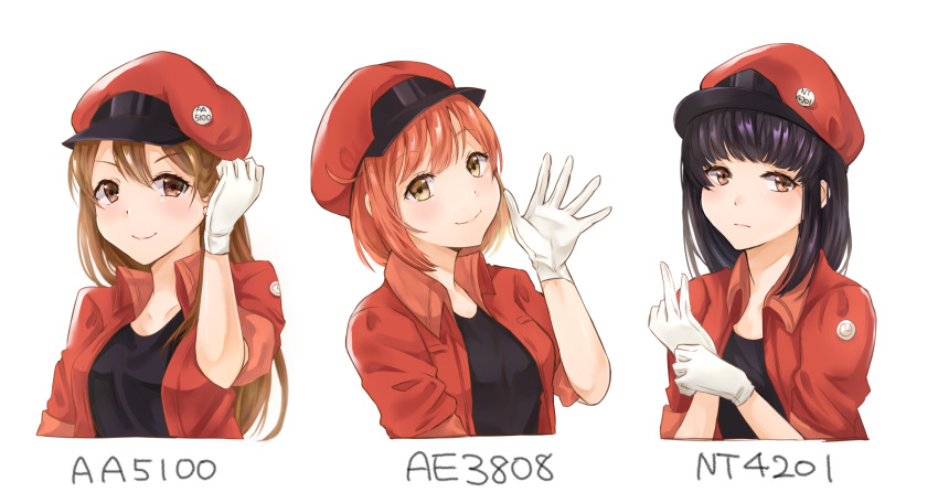 3girls aa-5100 adjusting_clothes adjusting_gloves adjusting_hair ae-3803 ahoge black_hair black_shirt breasts brown_eyes brown_hair cabbie_hat character_name commentary_request gloves hand_on_own_wrist hat hataraku_saibou highres jacket long_hair looking_at_viewer medium_breasts multiple_girls name_tag nt-4201 red_blood_cell_(hataraku_saibou) red_hair red_hat red_jacket shirt short_hair simple_background small_breasts smile t-shirt tucking_hair upper_body waving white_background white_gloves yumeha_tseru