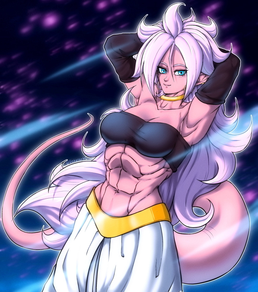 1girls 2d abs android_21 android_21_(good) athletic athletic_female belly_button bio-android_(dragon_ball) blue_eyes breasts dragon_ball dragon_ball_fighterz dragon_ball_z fit fit_female hoop_earrings looking_at_viewer majin_android_21 medium_breasts muscular muscular_female navel pink-skinned_female pink_skin pointy_ears seductive_pose six_pack smile smiling smiling_at_viewer solo solo_female spiked_hair spiky_hair tail white_hair