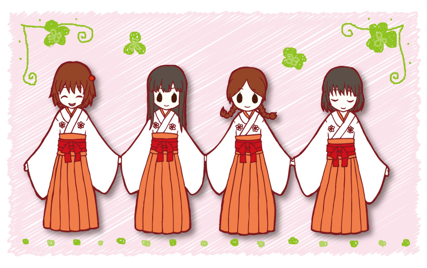 4girls black_hair braid brown_hair fatal_frame fatal_frame_3 hair_ornament highres japanese_clothes kuze_amane kuze_hisame kuze_minamo kuze_shigure long_hair miko multiple_girls photoshop_(medium) short_hair twin_braids