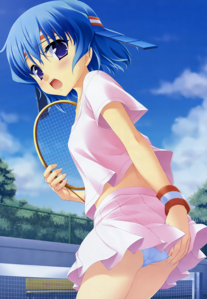 absurdres blue_hair blue_panties fairly_life female headband highres matsushita_makako panties pantyshot photoshop_(medium) pleated_skirt purple_eyes racket skirt solo sportswear takaoka_asagao tennis tennis_court tennis_net tennis_racket tennis_uniform underwear upskirt