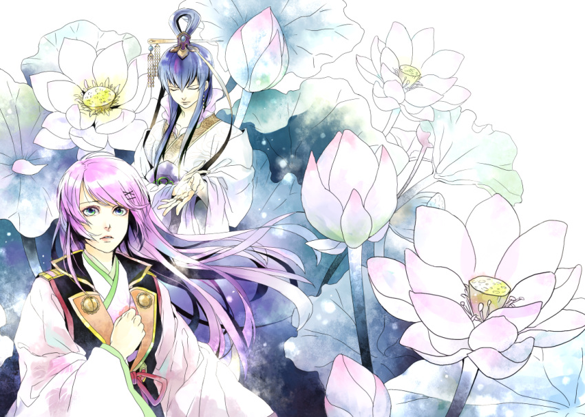 1boy bad_id bad_pixiv_id blue_hair bud character_request female flower hair_ornament hair_rings harukanaru_toki_no_naka_de harukanaru_toki_no_naka_de_3 heian japanese_clothes kasuga_nozomi kataginu long_hair lotus lotus_leaf lotus_pod pink_flower pink_hair saiga_tokihito white_flower