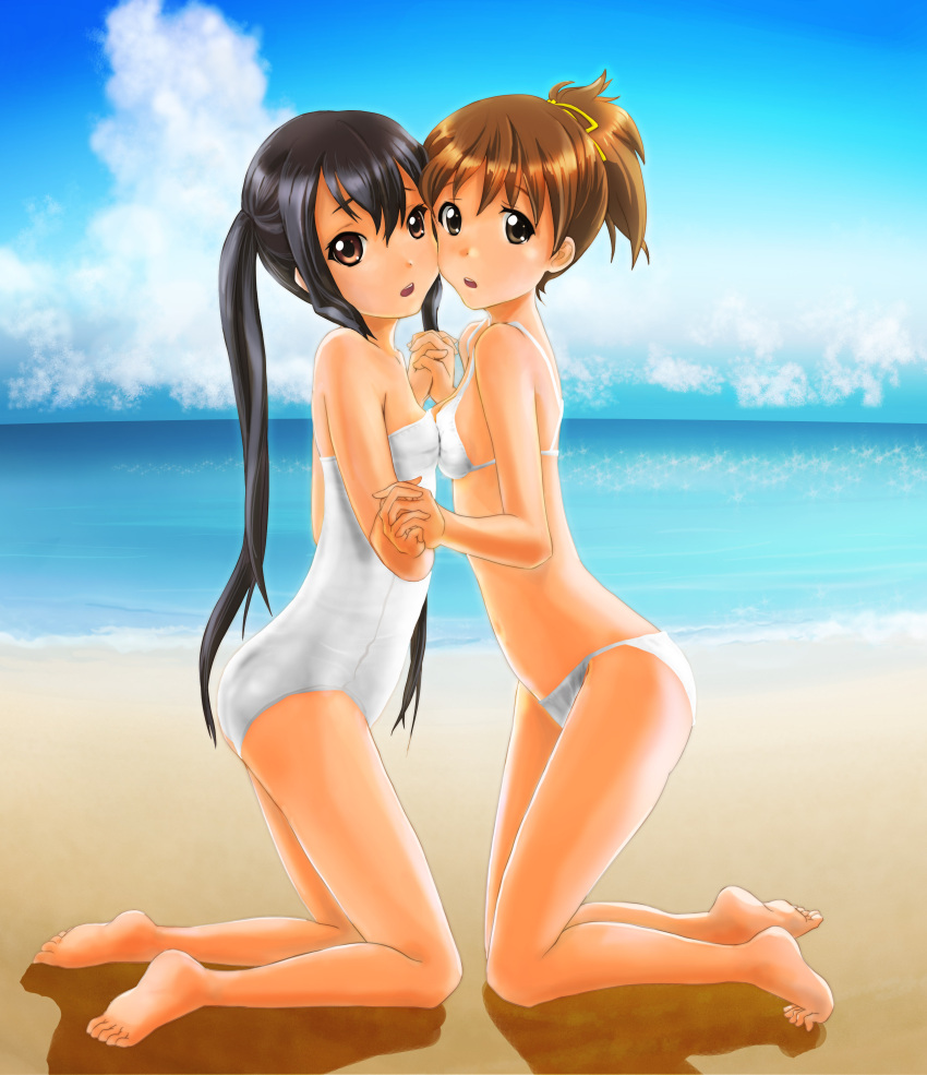 2girls absurdres bad_id bad_pixiv_id barefoot beach bikini black_hair breast_press breasts brown_eyes brown_hair day highres hinoki_(studio_spiral_dust) hirasawa_ui holding_hands interlocked_fingers k-on! long_hair multiple_girls nakano_azusa one-piece_swimsuit photoshop_(medium) ponytail short_hair small_breasts swimsuit symmetrical_docking twintails