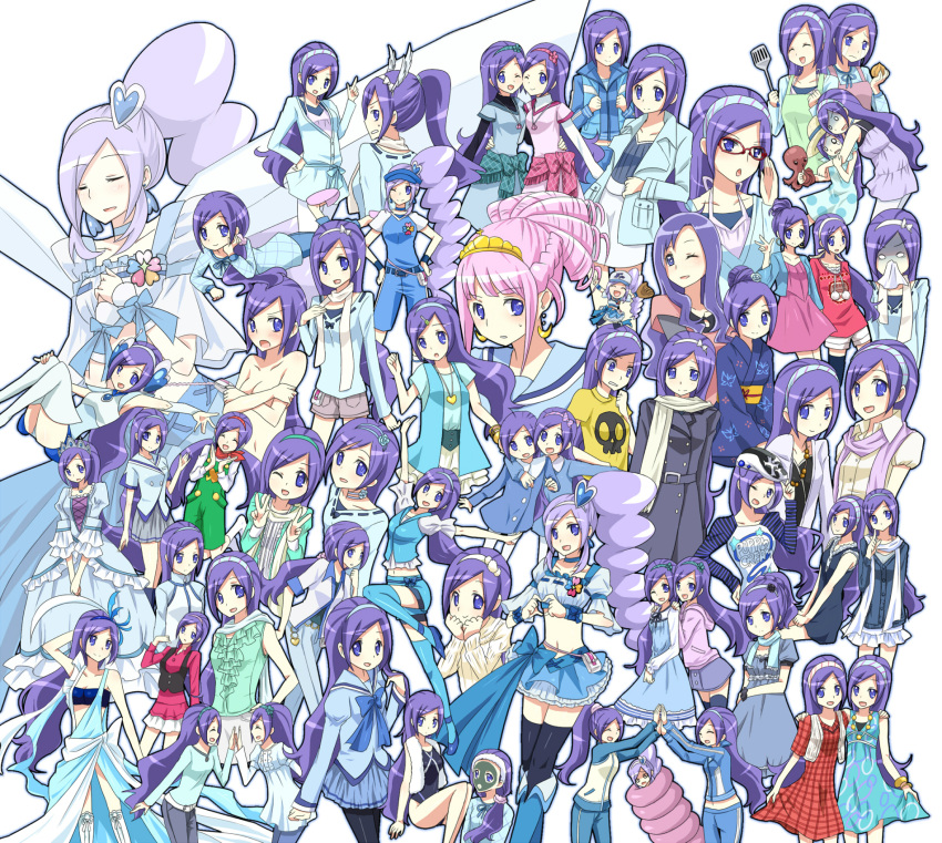 4-fingers_heart_hands 6+girls aono_miki black_pantyhose black_thighhighs blue_choker blue_eyes blue_hair blue_legwear blue_wrist_cuffs boots choker collage commentary_request costume_chart crown cure_berry cure_berry_(angel) dress drill_hair fresh_precure! glasses hagihara_riku hairband hat heart heart_hands heartcatch_precure! high_five highres kurumi_momoka long_hair magical_girl midriff multiple_girls multiple_persona navel nude octopus odd_one_out official_alternate_costume panties pants pantyhose pink_hair ponytail precure purple_eyes purple_hair red-framed_eyewear school_uniform shirt sidelocks swimsuit thighhighs torigoe_gakuen_school_uniform underwear variations wrist_cuffs