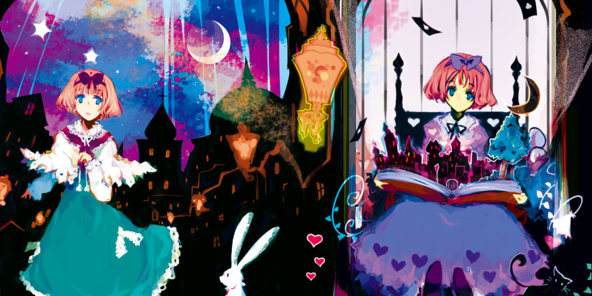 alice_in_wonderland alice_margatroid blonde_hair blue_eyes book bow capelet card city dress feline female floating_card hafuri hair_ribbon hairbow heart moon plant rabbit ribbon star_(symbol) touhou tree vines