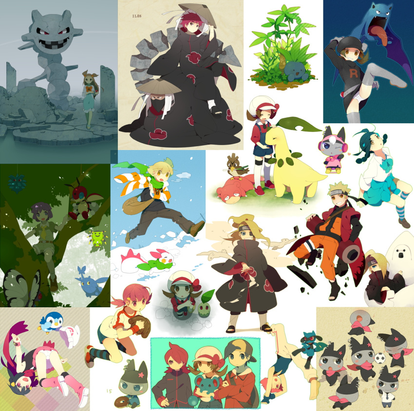 6+boys 6+girls akatsuki_uniform alternate_color alternate_costume backwards_hat barry_(pokemon) baseball_mitt bayleef beanie brown_eyes brown_hair bugsy_(pokemon) butterfree cabbie_hat candice_(pokemon) character_request chikorita clay commentary_request cosplay creature crossover dawn_(pokemon) deidara_(naruto) element_bending ethan_(pokemon) explosive facial_mark farfetch'd forehead_protector geokinesis golbat hat heracross highres hiruko_(naruto) holding holding_pokemon horizontal_pupils iwagakure_symbol jasmine_(pokemon) kicking kokemomo_sayakusa konohagakure_symbol kuromametchi ledyba lyra_(pokemon) magic marill marionette maylene_(pokemon) mechanical_tail multiple_boys multiple_crossover multiple_girls naruto_(series) naruto_shippuuden ninja oddish one_eye_closed overalls pachirisu panties pantyshot pineco piplup poke_ball pokemon pokemon_(creature) pokemon_dppt pokemon_hgss pokemon_on_back pokemon_platinum poketch puppet riolu sasori_(naruto) scroll sennin_mode shiny_pokemon silver_(pokemon) slowpoke spinarak spoilers standing steelix tail tamagotchi team_rocket team_rocket_uniform tongue tongue_out two_side_up underwear upskirt uzumaki_naruto watch whisker_markings white_panties whitney_(pokemon) winter_clothes wristwatch