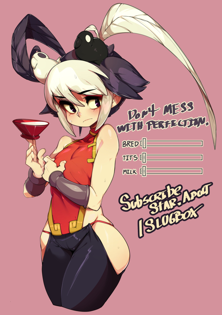 1girls artist_name attribute_slider black_hair female female_only feng_(skullgirls) flat_chest fully_clothed looking_back multicolored_hair purple_eyes skullgirls slider slugbox small_breasts solo sweat true_flat_chest white_hair