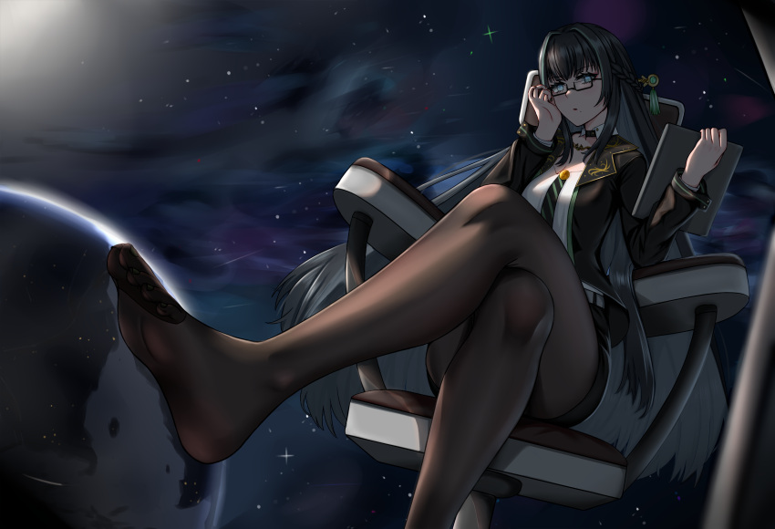 1girls adjusting_glasses alter alternate_costume alternate_hair_color black_hair blue_eyes business_suit chair clothed crossed_legs eyelashes feet female female_focus foot_fetish fully_clothed glasses grey_hair legs light-skinned_female light_skin long_hair long_legs pantyhose planet punishing:_gray_raven qu_(punishing:_gray_raven) serious serious_face sitting soles_of_feet_in_socks solo space star thighs toes two_tone_hair white_shirt