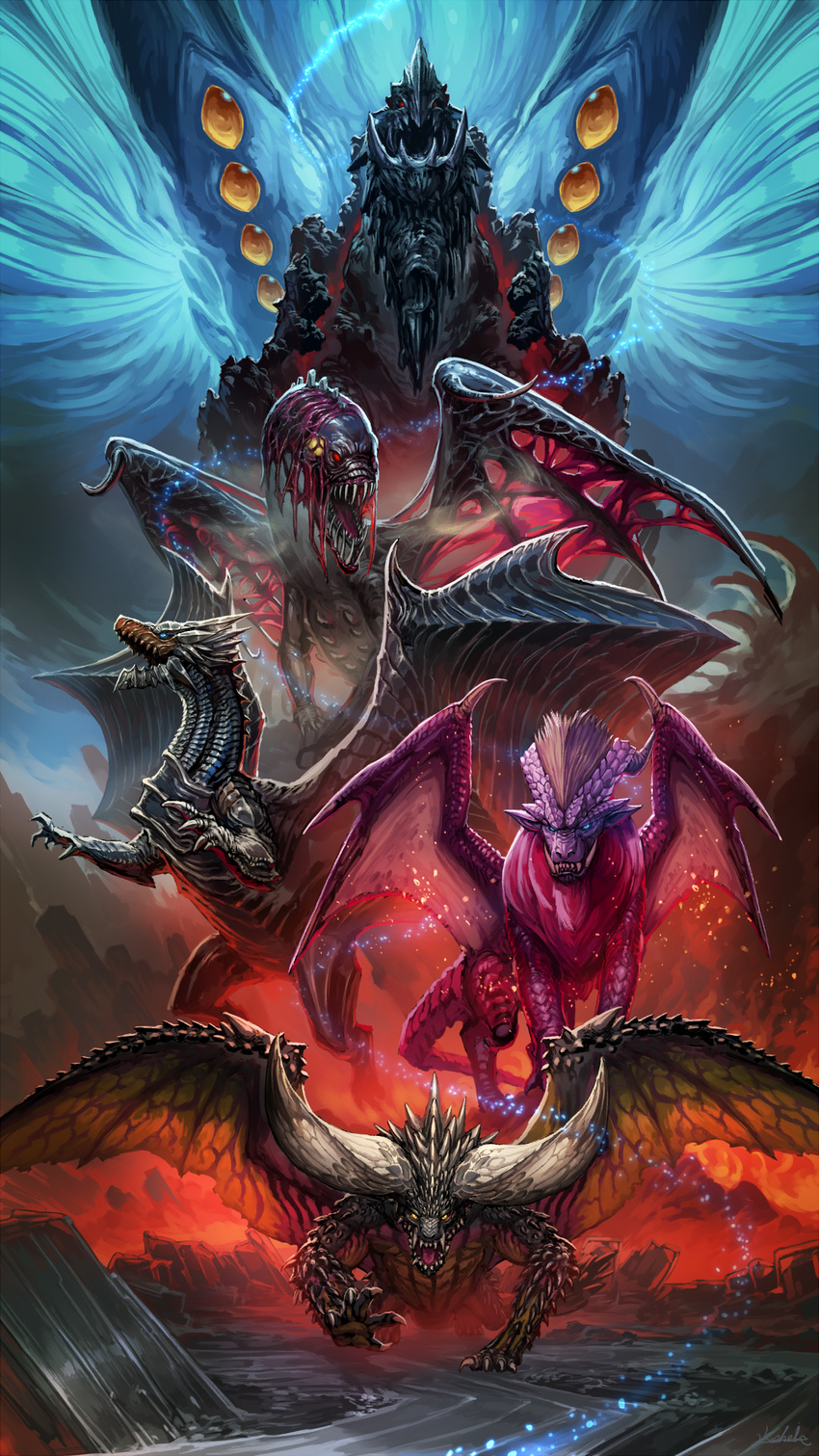 blue_eyes closed_mouth commentary_request dragon extra_ears giant glowing glowing_eyes highres horns kushala_daora monster monster_hunter:_world monster_hunter_(series) nekoemonn nergigante no_humans open_mouth red_eyes sharp_teeth sparks spikes spoilers teeth teostra vaal_hazak wings xeno'jiiva yellow_eyes zorah_magdaros