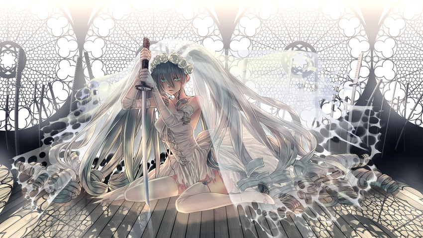 blue_hair bridal_veil commentary_request dress elbow_gloves female garter_straps gloves green_eyes hatsune_miku head_wreath highres holding holding_sword holding_weapon katana long_hair sakamoto_akira sitting solo strapless strapless_dress sword thighhighs torn_clothes twintails veil very_long_hair vocaloid wariza weapon white_dress white_gloves white_thighhighs