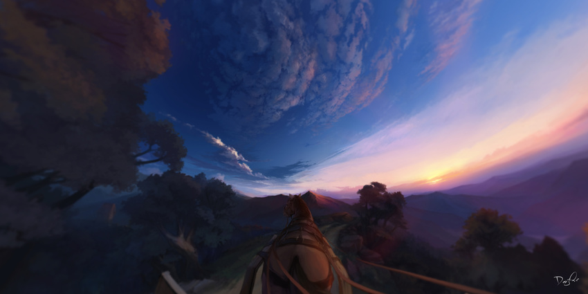 absurdres blurry cloud commentary_request dark depth_of_field doujiang_rr fisheye highres horizon horse mountain no_humans outdoors path photoshop_(medium) pov reins road scenery signature sky spice_and_wolf sunrise tree