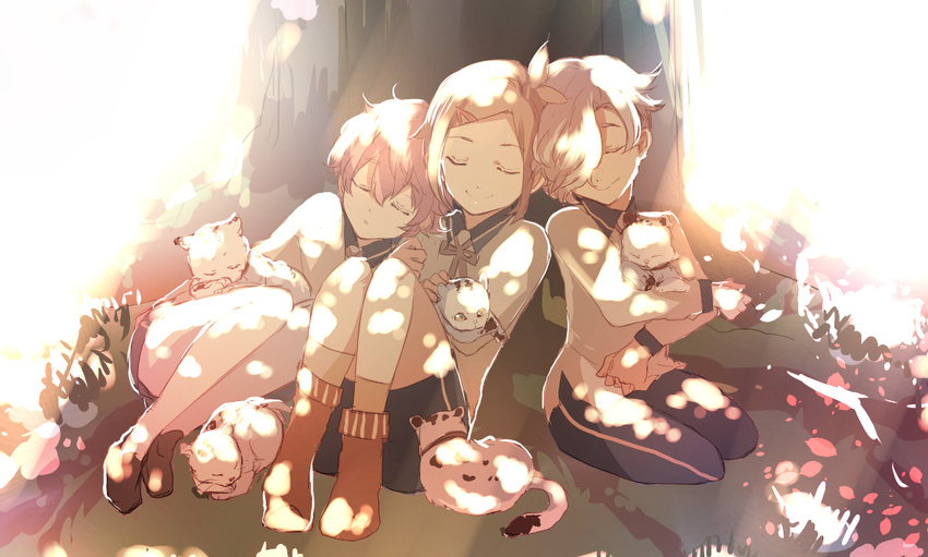 3boys akita_toushirou bloom boy_sandwich brown_hair closed_eyes commentary_request dappled_sunlight gokotai gokotai's_tigers hair_ornament hair_over_one_eye hairclip houchou_toushirou male_focus multiple_boys outdoors pantyhose pantyhose_under_shorts pink_hair sandwiched sepia shorts sitting sleeping smile sunlight tiger tiger_cub touken_ranbu tree ui_(majiwi) white_hair white_legwear white_tiger