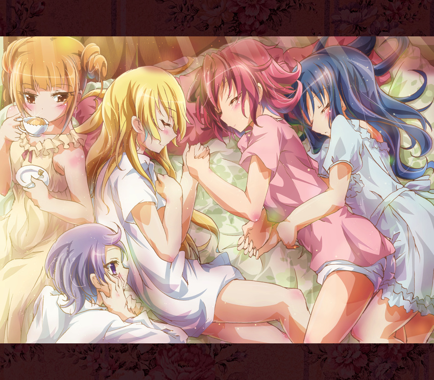 5girls aida_mana bed blonde_hair blue_hair closed_eyes commentary_request cup dokidoki!_precure drinking hair_down hand_on_own_cheek hand_on_own_face harem highres hishikawa_rikka hug hug_from_behind inoshishi_(ikatomo) kenzaki_makoto leg_between_thighs letterboxed long_hair lying multiple_girls night_clothes nightgown on_side orange_hair pink_hair precure purple_eyes purple_hair regina_(dokidoki!_precure) saucer short_hair sitting sleeping tea teacup yotsuba_alice yuri