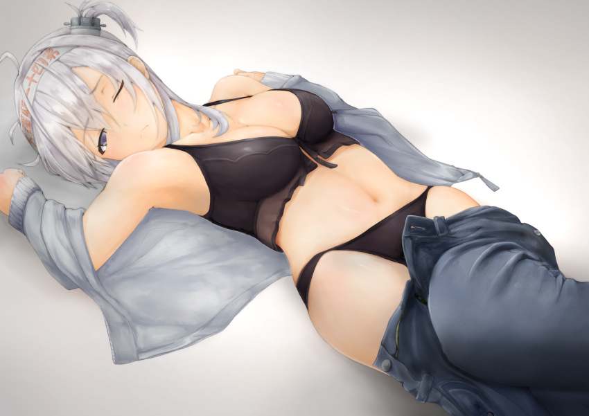 absurdres bad_id bad_pixiv_id bikini black_bikini breasts cleavage clothes_pull clothes_writing collarbone commentary_request cowboy_shot denim female fine_fabric_emphasis gradient_background grey_hair hair_between_eyes hairband headband highres jeans kantai_collection long_hair looking_at_viewer lying medium_breasts navel one_eye_closed one_side_up open_fly pants pants_pull solo suzutsuki_(kancolle) suzutsuki_(swimsuit_mode)_(kancolle) swimsuit terebi- white_background white_hairband