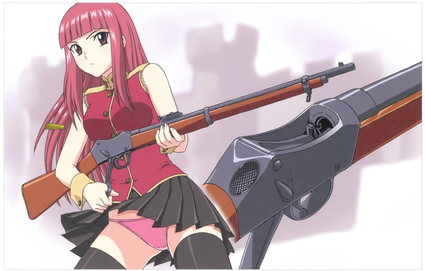 aika_(series) aika_r-16 black_skirt black_thighhighs blunt_bangs blurry blurry_background blush border brown_eyes casing_ejection extra female gun highres holding holding_gun holding_weapon lever_action looking_at_viewer martini-henry official_art panties photoshop_(medium) pink_hair pink_panties pleated_skirt red_shirt rifle shell_casing shirt skindentation skirt sleeveless sleeveless_shirt solo thighhighs underwear weapon wind wind_lift wrist_cuffs yamauchi_noriyasu