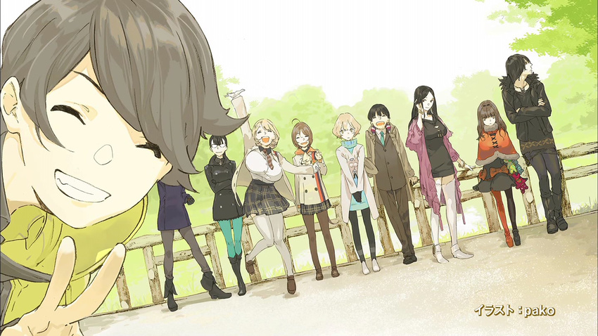 3boys 6+girls :d ahoge aikawa_miyuu aqua_eyes aqua_necktie arm_up artist_name asymmetrical_legwear black_dress black_footwear black_gloves black_hair black_jacket black_legwear black_pants black_shirt black_skirt blonde_hair blue_sweater boots bow breasts brown_eyes brown_hair brown_pants brown_sweater capelet character_request closed_eyes coat crossed_arms day dress dutch_angle end_card full_body gamon_yuuta glasses gloves grin hand_in_own_hair hashigami_sarai high_heels highres huge_breasts jacket jewelry kizaki_asuna kurenaino_aria kusakabe_kiryuu large_breasts long_hair looking_away miniskirt moritsuka_shun multiple_boys multiple_girls narusawa_ryouka necklace necktie occultic;nine open_clothes open_jacket open_mouth orange_bow orange_legwear outdoors own_hands_together pako_(pakosun) pants pantyhose pleated_skirt shirt shoes short_dress short_hair skirt smile standing sumikaze_touko sweater thighhighs uneven_legwear v white_footwear white_legwear zettai_ryouiki