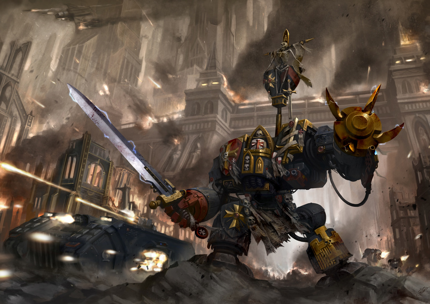 adeptus_astartes architecture armor banner battle bolter city commentary crimson_fists cross dreadnought_(warhammer_40k) english_commentary fire firing gothic_architecture highres holding holding_sword holding_weapon iron_cross land_raider mecha military military_vehicle no_humans okita photoshop_(medium) pointing pointing_forward power_armor power_claw power_sword realistic robot ruins seal_(animal) skeleton skull smoke sword totem warhammer_40k weapon