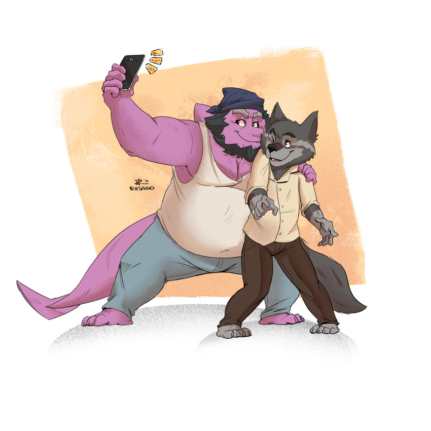 1:1 aetherel bandana beard canid canine canis cellphone clothing duo electronics facial_hair fish hi_res kerchief male mammal marine padzyan_(character) phone riisago selfie shark wolf