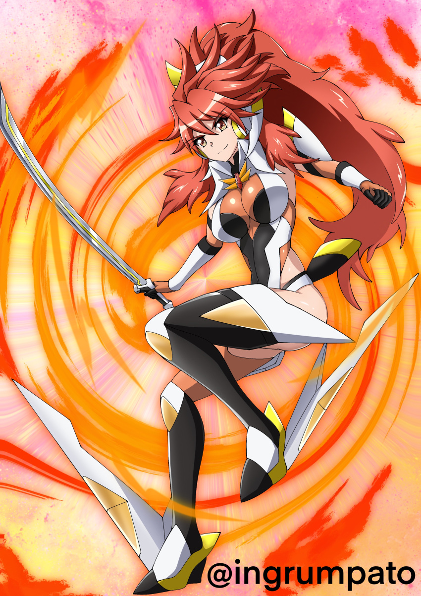 absurdres alternate_costume amou_kanade ass breasts closed_mouth female highres holding holding_sword holding_weapon kyomeihibiki large_breasts leotard long_hair magical_girl orange_eyes ponytail red_hair senki_zesshou_symphogear smile solo sword thighhighs weapon