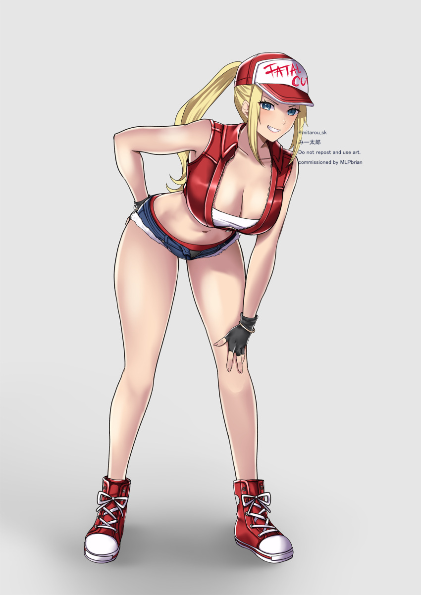 bare_legs baseball_cap blonde_hair blue_eyes breasts denim eyebrows_visible_through_mask fatal_fury fatal_fury_cap female fingerless_gloves genderswap_(mtf) gloves hat highres long_hair looking_at_viewer mi_tarou0412 ponytail rule_63 smile snk snk_heroines:_tag_team_frenzy terry_bogard the_king_of_fighters