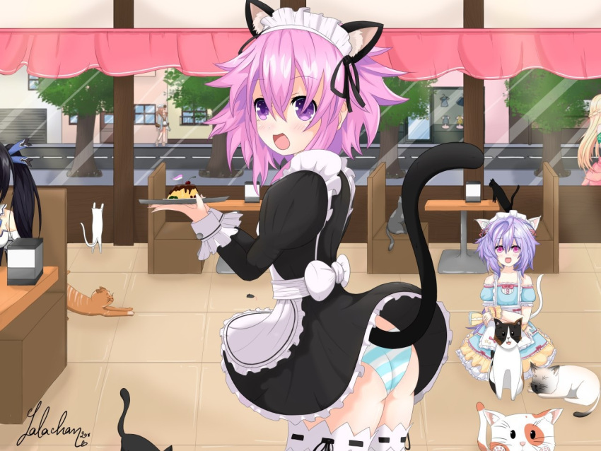 5girls :d alternate_costume animal_ears apron artist_name ass black_ribbon blanc_(neptunia) blush cafe cat_cafe cat_ears cat_tail choujigen_game_neptune commentary english_commentary enmaided fake_animal_ears fake_tail food frilled_apron frills from_side hair_between_eyes hair_ribbon happy holding holding_tray indoors juliet_sleeves lalachan208 long_sleeves looking_at_viewer maid maid_apron maid_cafe maid_headdress medium_hair multiple_girls neptune_(neptunia) neptune_(series) noire_(neptunia) open_mouth panties pantyshot pudding puffy_sleeves purple_eyes purple_hair pururut ribbon ribbon-trimmed_thighhighs ribbon_trim smile solo solo_focus spiked_hair striped_clothes striped_panties tail tail_raised tareme thighhighs tray underwear vert_(neptunia) white_apron white_thighhighs