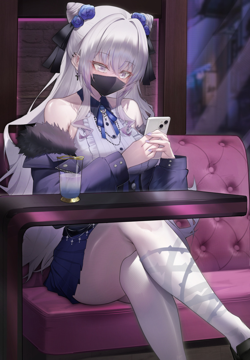 alcohol azuma_seren bare_shoulders blue_dress blue_flower crossed_legs cup dress ear_piercing female flower hair_flower hair_ornament highres holding holding_phone indie_virtual_youtuber jihua_tong looking_at_phone mask mouth_mask phone piercing purple_eyes purple_nails ribbon sitting solo thighhighs virtual_youtuber white_hair white_thighhighs wine