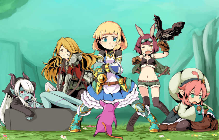 animal_ears aqua_eyes atorasu_(gomikuzu0505) bag bare_legs bird black_tube_top blonde_hair blue_dress blue_eyes blue_skin blush bodysuit bodysuit_under_clothes boots buckler coffin colored_skin d: dragoon_(sekaiju) dragoon_2_(sekaiju) dress eyepatch falconry falconry_glove fencer_(sekaiju) fencer_2_(sekaiju) full_body goggles goggles_on_head hat hawk heavy herbalist_(sekaiju) herbalist_2_(sekaiju) highres hood hound_(sekaiju) hound_2_(sekaiju) in_container medium_dress midriff monster mouse_(animal) navel necromancer_(sekaiju) necromancer_2_(sekaiju) outdoors pink_hair pointy_ears rabbit_ears red_eyes searching sekaiju_no_meikyuu sekaiju_no_meikyuu_5 shield short_shorts shorts strapless thigh_boots tube_top white_hair yellow_eyes