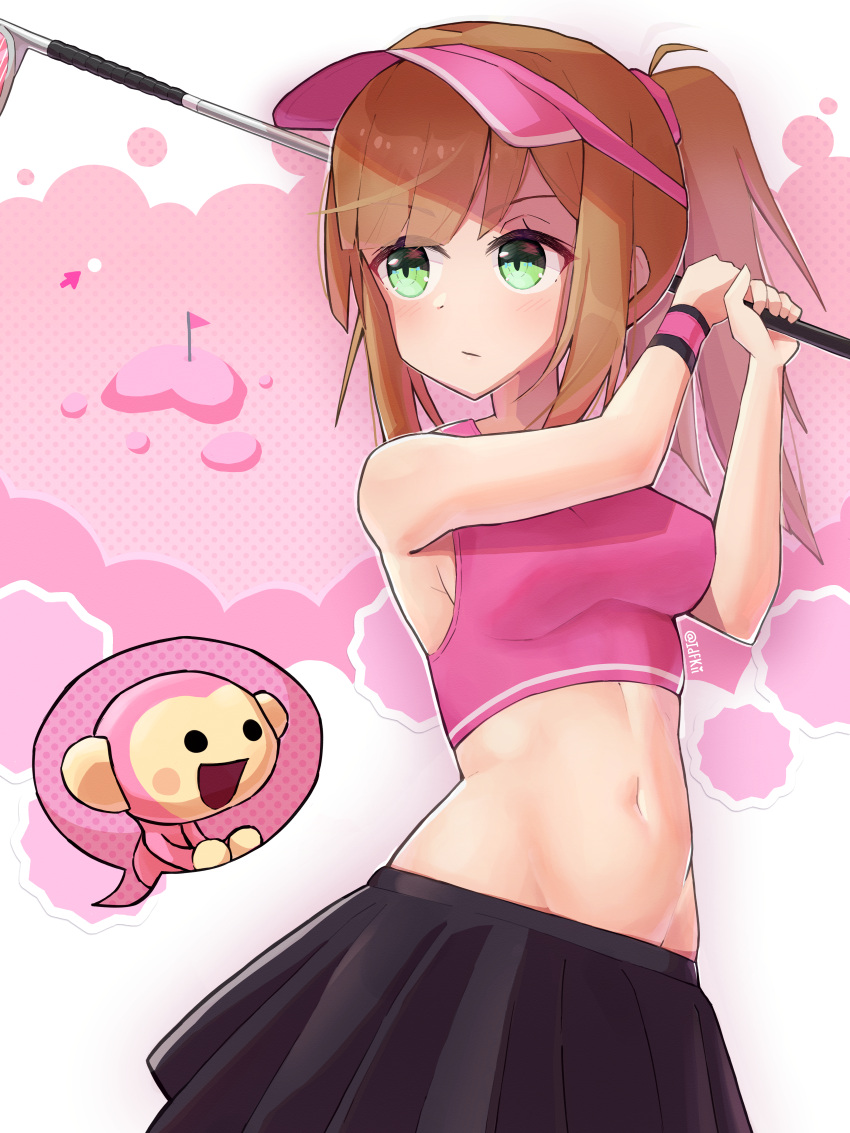 :/ :d absurdres armpits belly black_skirt breasts cleavage cloud english_commentary female flag golf golf_club golf_course golfer_(rhythm_tengoku) green_eyes highres holding lavendeavor looking_to_the_side medium_breasts midriff minna_no_rhythm_tengoku monkey_(rhythm_tengoku) navel orange_hair pink_background pink_clouds pink_sports_bra rhythm_tengoku serious skirt smile sports_bra visor_cap