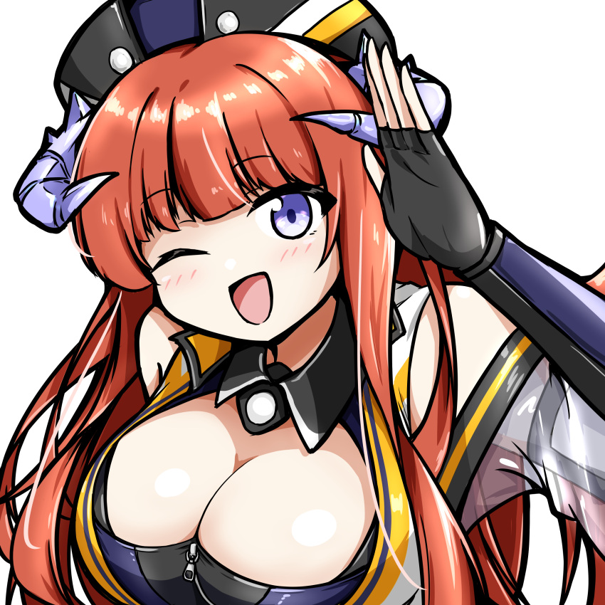 absurdres arknights bagpipe_(arknights) bagpipe_(queen_no._1)_(arknights) bare_shoulders black_gloves breasts cleavage commentary_request dragon_horns female fingerless_gloves gloves hand_up hat highres horns large_breasts long_hair looking_at_viewer official_alternate_costume one_eye_closed open_mouth orange_hair purple_eyes simple_background smile solo upper_body white_background xibu_cai zipper