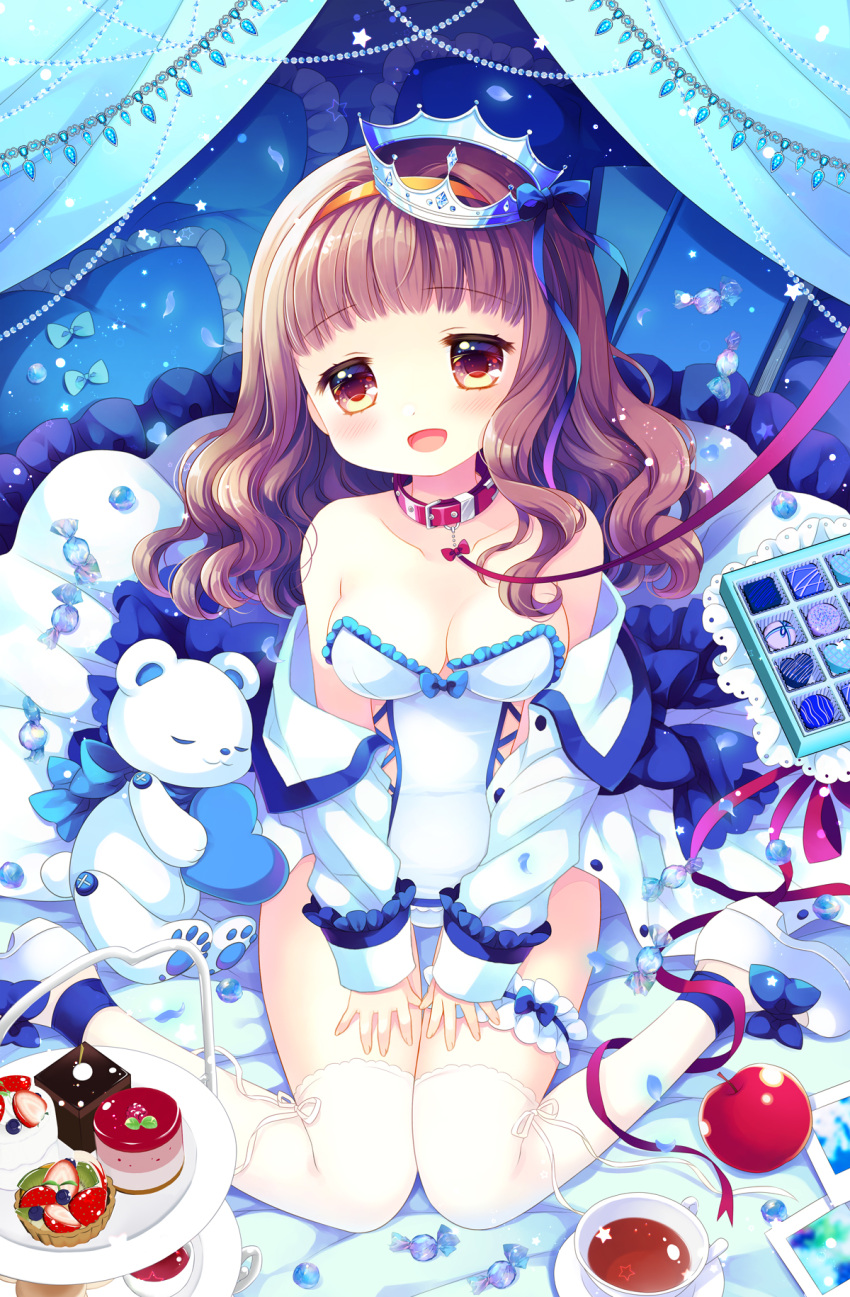 :d apple bare_shoulders blue_footwear breasts brown_eyes brown_hair candy_wrapper collar collarbone commentary_request crown cup curtains female food frilled_leotard frilled_pillow frills fruit hairband heart higanbana_no_saku_yoru_ni highres jacket kusunoki_midori leash leotard medium_breasts off_shoulder open_clothes open_jacket pillow red_apple red_collar sakurazawa_izumi saucer shoes sitting smile solo strapless strapless_leotard stuffed_animal stuffed_toy tea teacup teddy_bear thighhighs tiered_tray tilted_headwear wariza white_jacket white_leotard white_thighhighs yellow_hairband