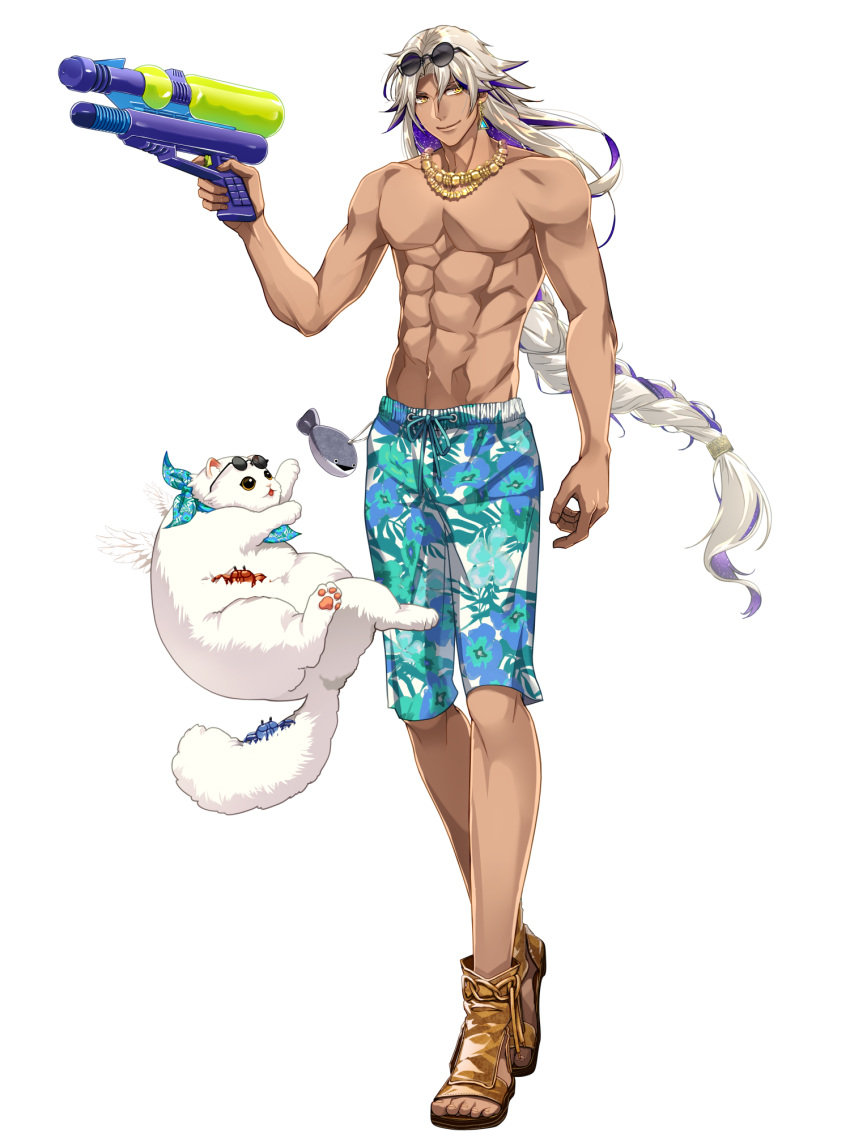 1boy abs bandana blue_bandana blue_hair braid chain_paradox colored_inner_hair crab earrings eyewear_on_head feline highres ishihama jewelry long_hair male_focus male_swimwear multicolored_hair navel necklace sacabambaspis sandals smile solo standing sunglasses super_soaker swim_trunks tan tectorum_gibelio toned transparent_background very_long_hair white_hair yellow_eyes